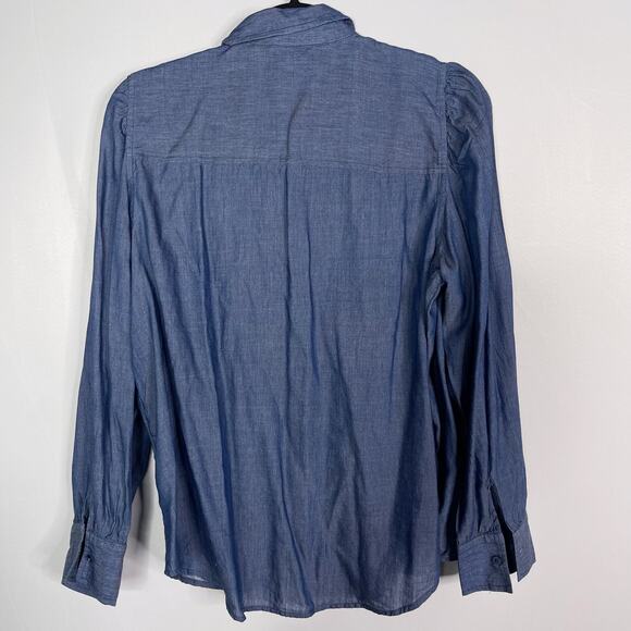 Ann Taylor Medium Blue Lightweight Chambray Puff Long Sleeve Button Down Blouse - Picture 2 of 10